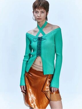 Andersson Bell Mona Knitted Ribbed Corset Top Green Lace Up Halter Size